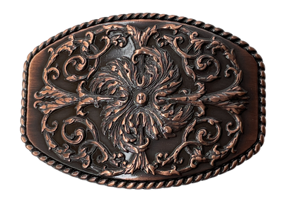 Oval shaped Copper color buckle with raised western scroll pattern. Fits 1 1/2" belts. Approx 2.5" x 3", Imported