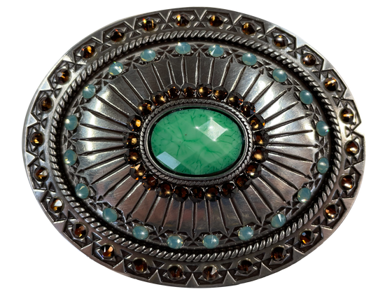 This oval buckle by Nocona's Blazin' Roxx measures 2 1/2" tall by 3" wide. Background color is chrome.  It has a decorative turquoise colored stone in the center surrounded by brown crystals, Lines radiate from the center outward and more turquoise colored crystals are then around the buckle with a rope design separating them from the edge of the buckle, which has another row of brown crystals in the design.  Available online and in our retail shop in Smyrna, TN, just outside of Nashville. 