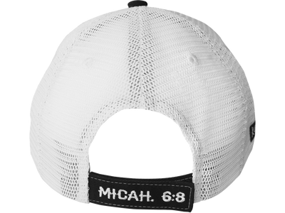 Walk the walk in this sharp “Walk Humbly” Cap by Kerusso® in Black/White with topstitch detailing. God asks us to set aside the lower points of our character when we take up the cross and follow Him. God’s Holy Word, the Bible, shows us how. Available online or in our shop just outside Nashville in Smyrna, TN. One size fits most, back view.