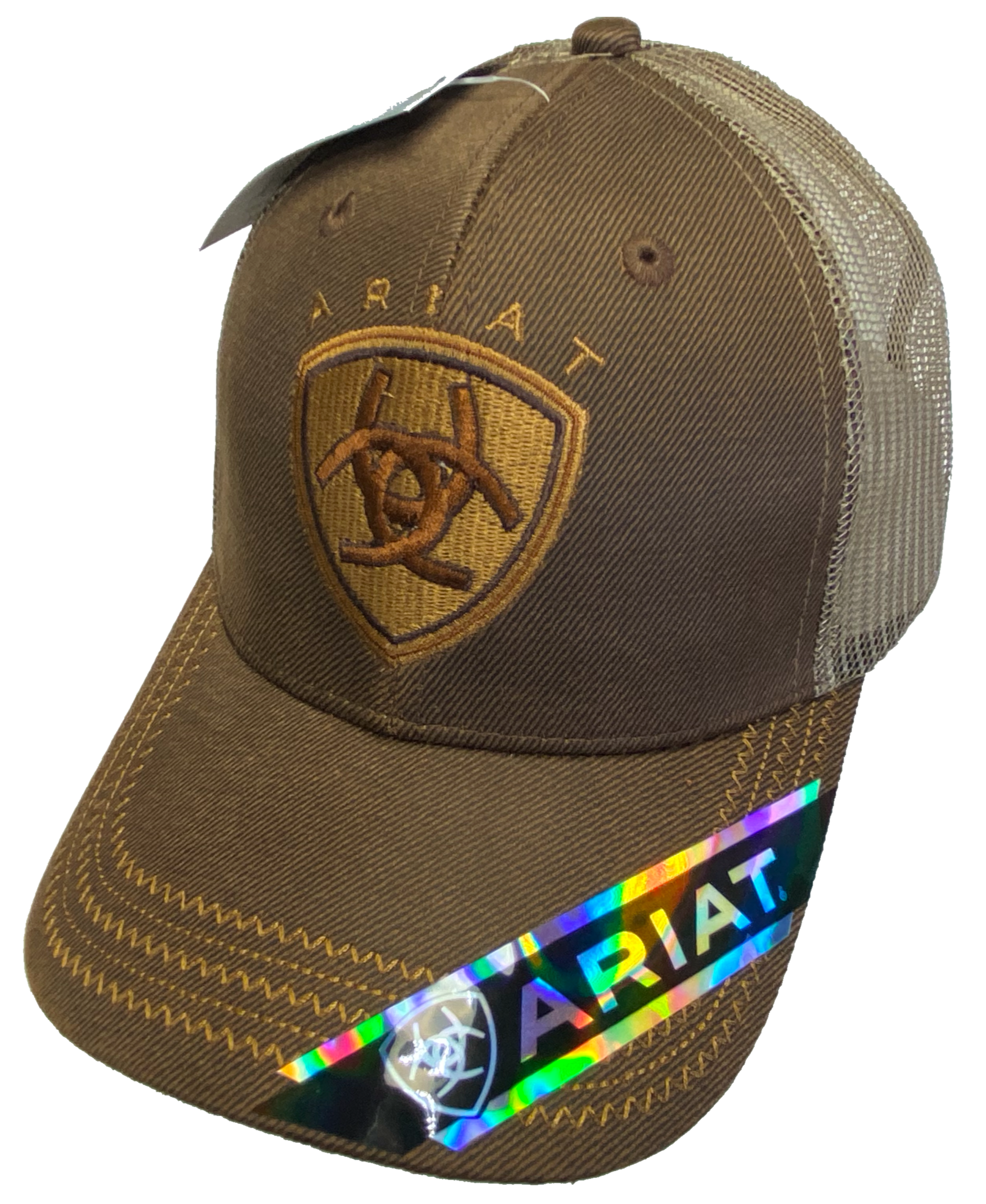 Brown Trucker cap with tan mesh back and velcro closure. Structured front has Ariat logo embroidered. Available at our shop just outside Nashville in Smyrna, TN.