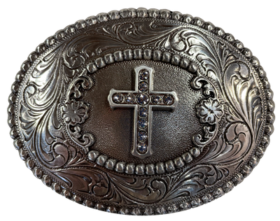 Antiqued finish with intricately detailed scroll background Center cross is accented with rhinestones A perfect way to dress up your wardrobe Dimensions: 3" tall by 3 3/4" wide Available online and in our shop just outside Nashville in Smyrna, TN.