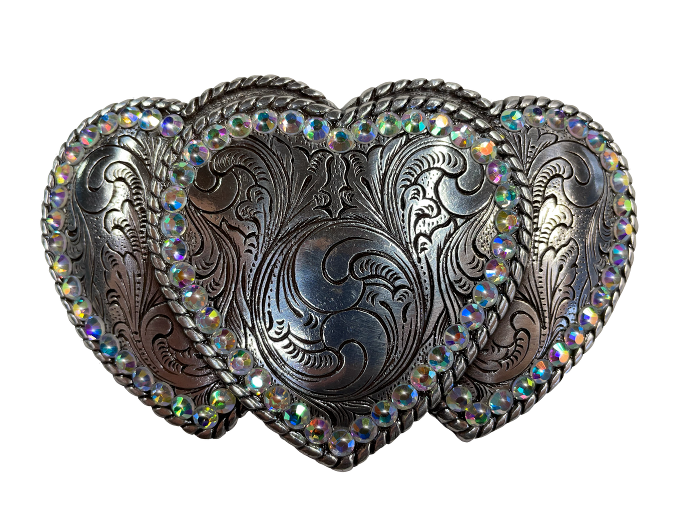 Popular Nocona Three Hearts Buckle in Blazin Roxx collection Dimensions are 1 1/2" tall by 4 1/4" wide Engraved scroll design on hearts with edges lined in rhinestones Sold online and in our shop in Smyrna, TN, just outside of Nashville.