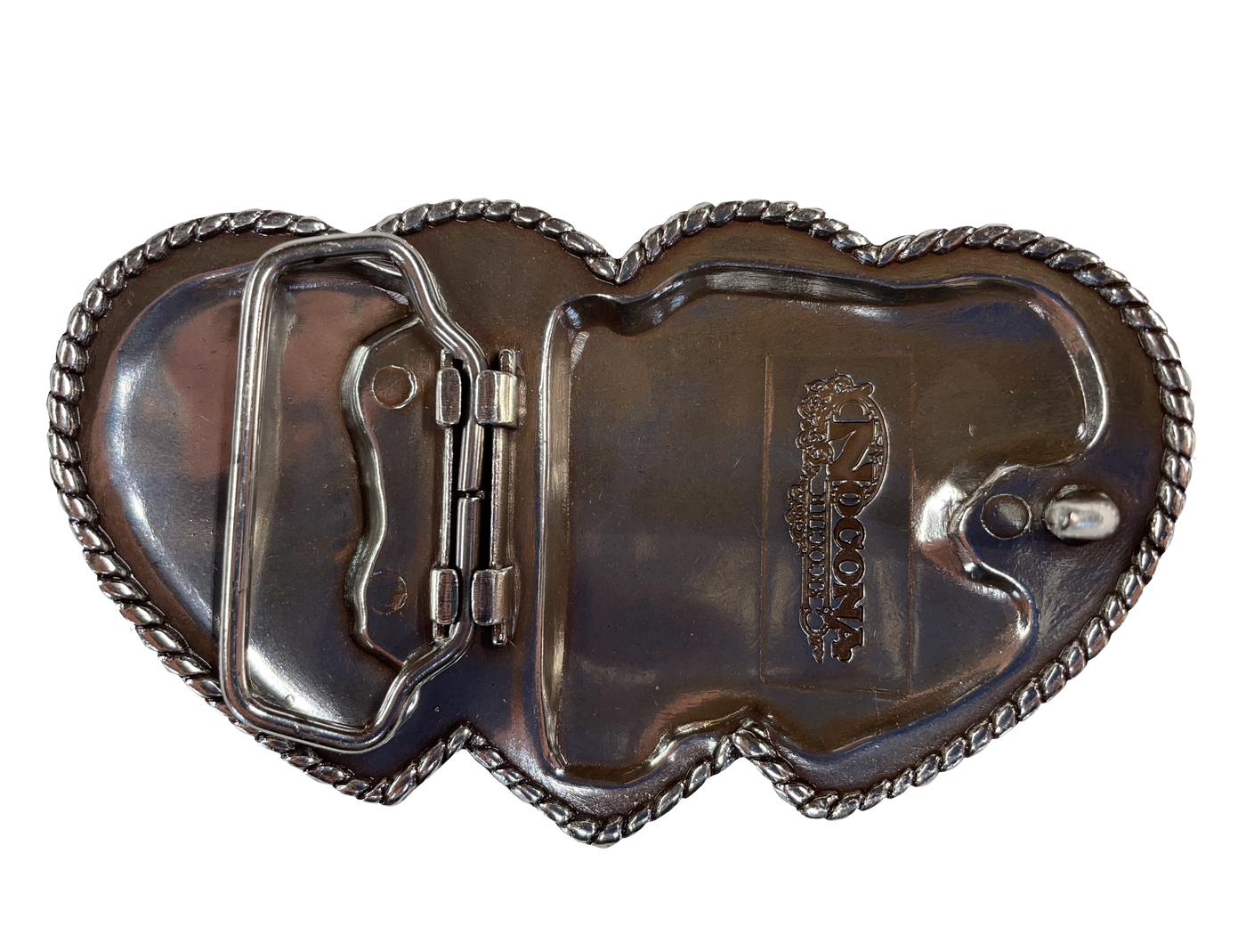 Popular Nocona Three Hearts Buckle in Blazin Roxx collection Dimensions are 1 1/2" tall by 4 1/4" wide Engraved scroll design on hearts with edges lined in rhinestones Sold online and in our shop in Smyrna, TN, just outside of Nashville. back view