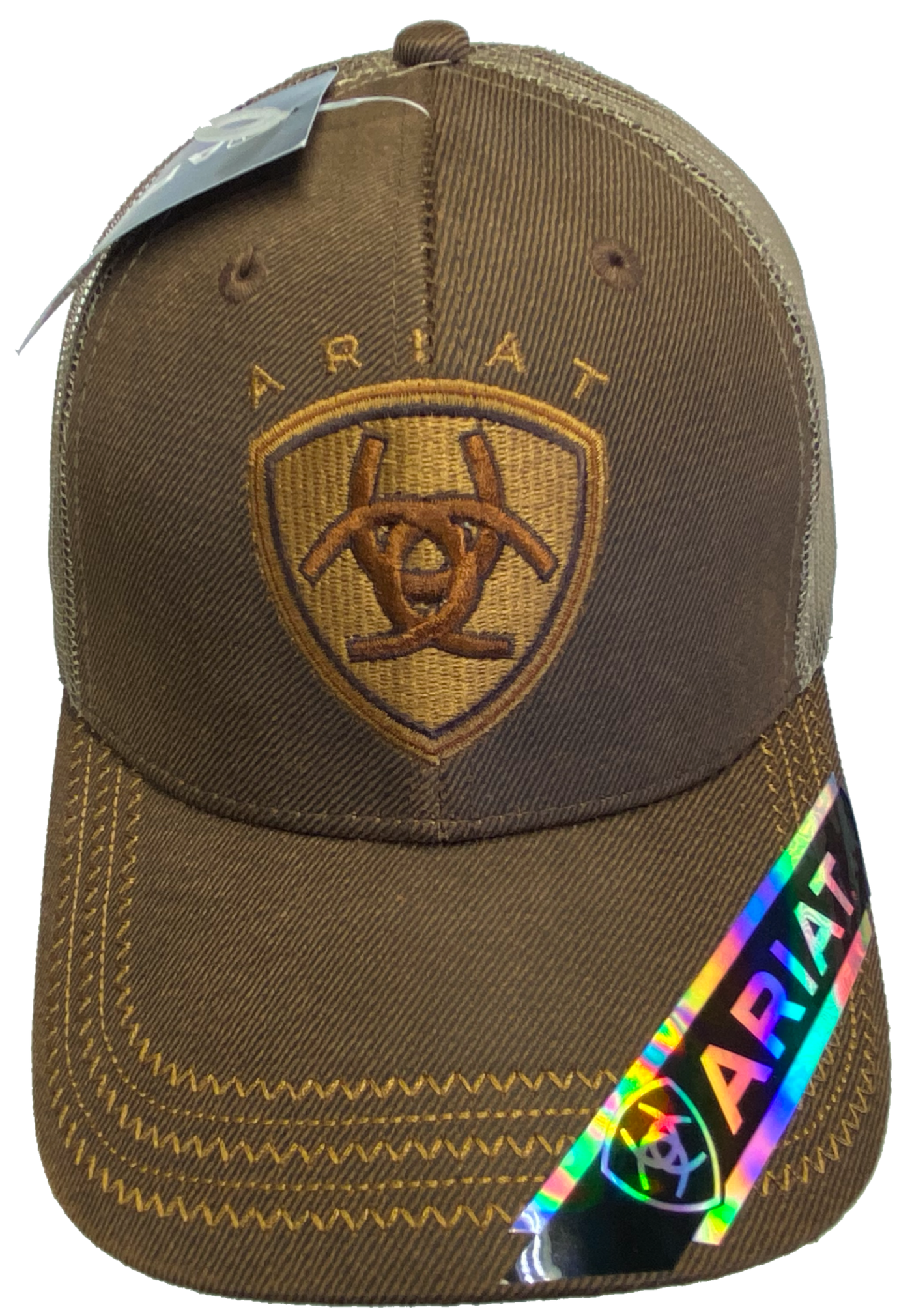 Brown Trucker cap with tan mesh back and velcro closure. Structured front has Ariat logo embroidered. Available at our shop just outside Nashville in Smyrna, TN.