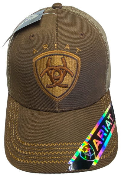 Brown Trucker cap with tan mesh back and velcro closure. Structured front has Ariat logo embroidered. Available at our shop just outside Nashville in Smyrna, TN.