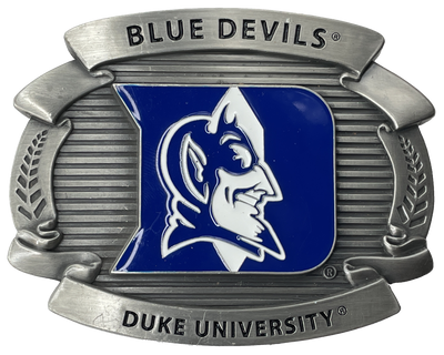 Fully cast metal buckle that features expertly enameled details. Blue enameled "Blue Devils" logo with text that reads "Blue Devils" and "Duke University". Available online or at our shop just outside Nashville in Smyrna, TN.  Officially licensed collegiate product A full 4 inches wide Fits belts up to 2" wide. Vibrant enameled team colors Fully metal belt buckle