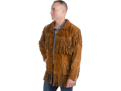You could say this is a a throwback jacket to the mountain men from the 1800's, or a hippie jacket from the 60's, or a timeless jacket that's still around and we have it! We keep a few of these around so call for current stock in the tan/brown pictured, or we can order black. It has a button down front, all suede leather with a polyester lining.  Available in our Smyrna, TN shop just outside Nashville or order online. Give a call for current availability. S-4X