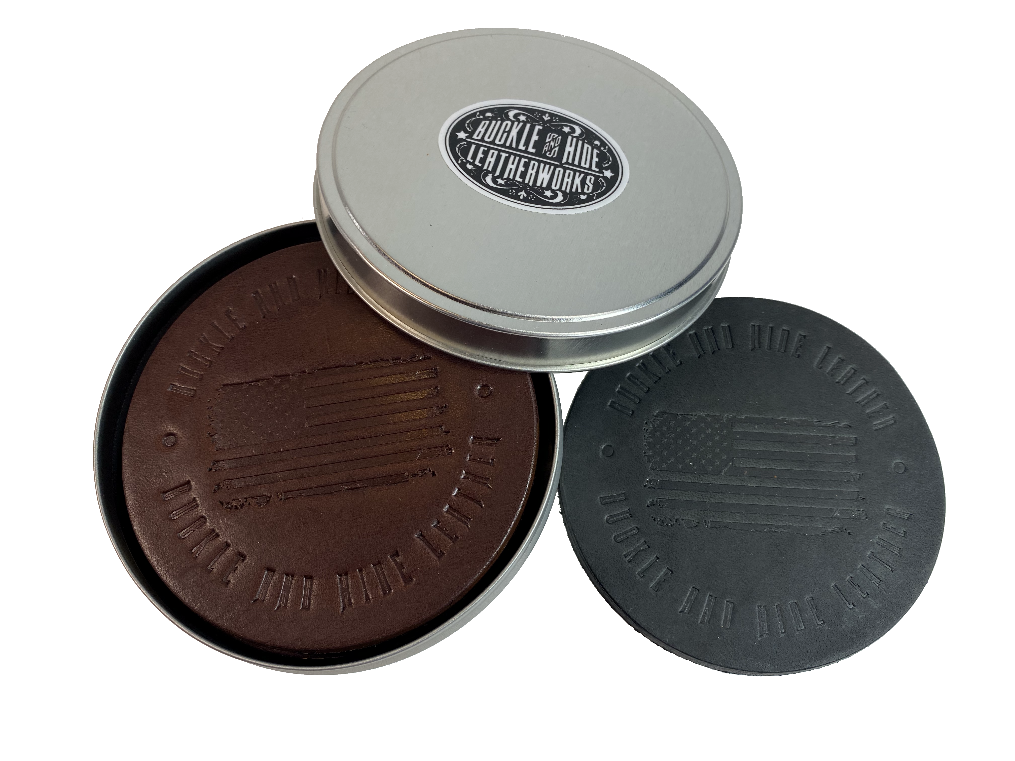 Made in our shop from Approx. 1/8" thick bridle Leather. A salute to all patriots who shop at our shop and everyone who loves America! Embossed with Buckle and Hide graphics and a vintage American Flag. Choose Black or Med. Brown. Purchase individually or in a custom tin. BUY MORE and SAVE! Not pictured yet!