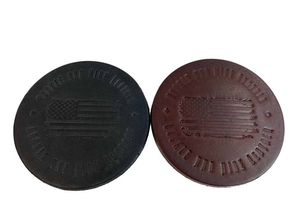 Made in our shop from Approx. 1/8" thick bridle Leather. A salute to all patriots who shop at our shop and everyone who loves America! Embossed with Buckle and Hide graphics and a vintage American Flag. Choose Black or Med. Brown. Purchase individually or in a custom tin. BUY MORE and SAVE! Not pictured yet!