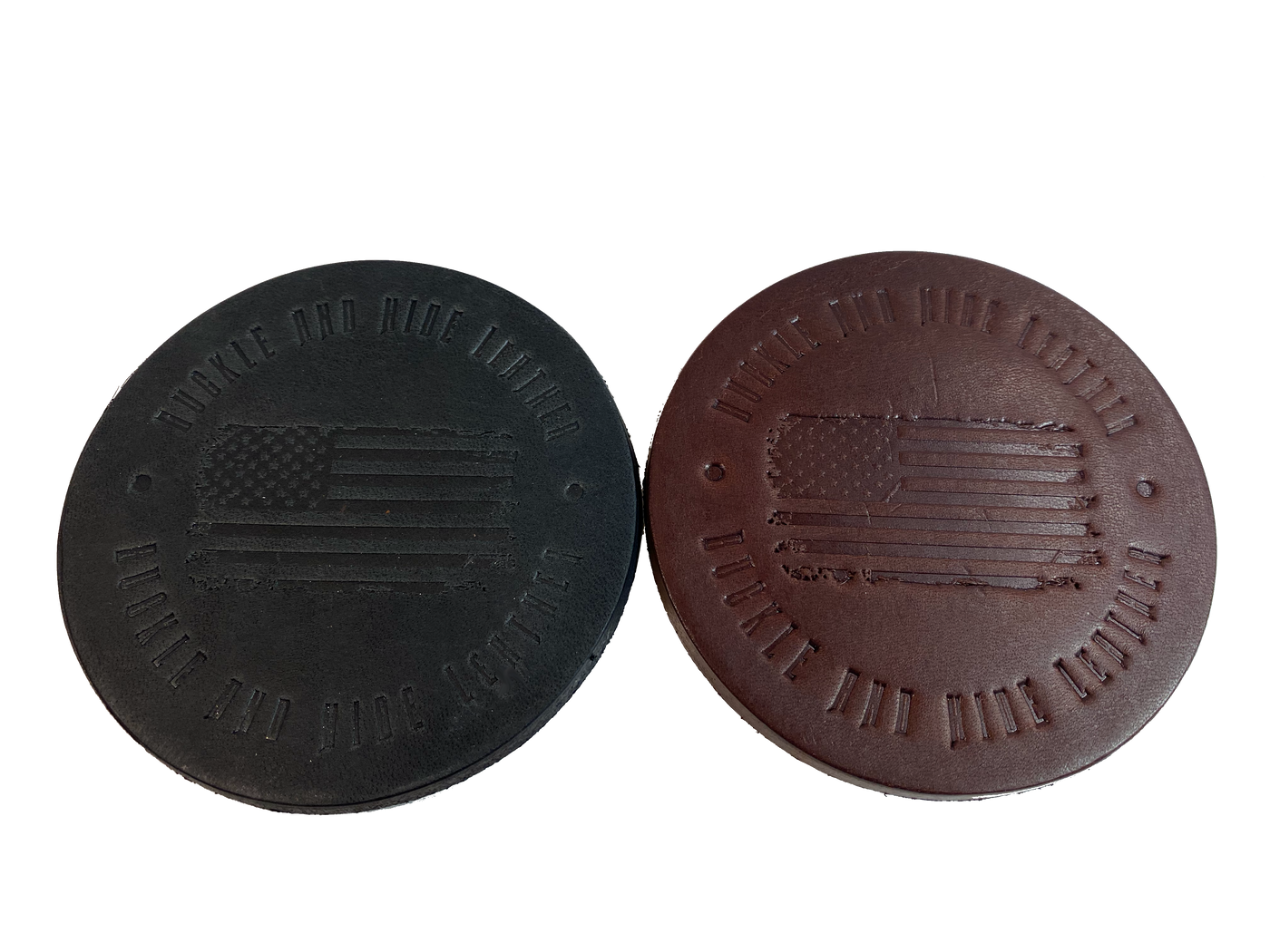 Made in our shop from Approx. 1/8" thick bridle Leather. A salute to all patriots who shop at our shop and everyone who loves America! Embossed with Buckle and Hide graphics and a vintage American Flag. Choose Black or Med. Brown. Purchase individually or in a custom tin. BUY MORE and SAVE! Not pictured yet!