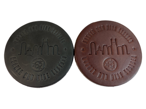 Made in our shop from Approx. 1/8" thick bridle Leather. A salute to all Nashvillians who shop at our shop and everyone who loves Nashville! Embossed with Buckle and Hide graphics and a Nashville Skyline. Choose Black or Med. Brown. Purchase individually or in a custom tin. BUY MORE and SAVE! 