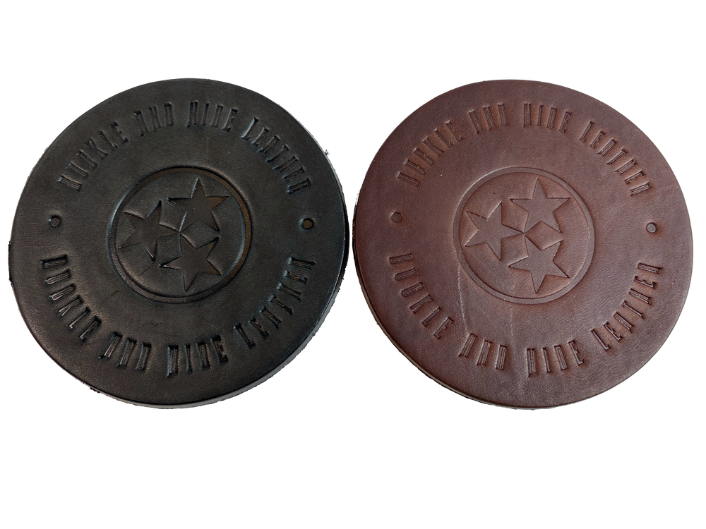 Made in our shop from Approx. 1/8" thick bridle Leather. A salute to all Volunteers who shop at our shop and everyone who loves Tennessee! Embossed with Buckle and Hide graphics and a Tennessee Tristar. Choose Black or Med. Brown. Purchase individually or in a custom tin. BUY MORE and SAVE! 