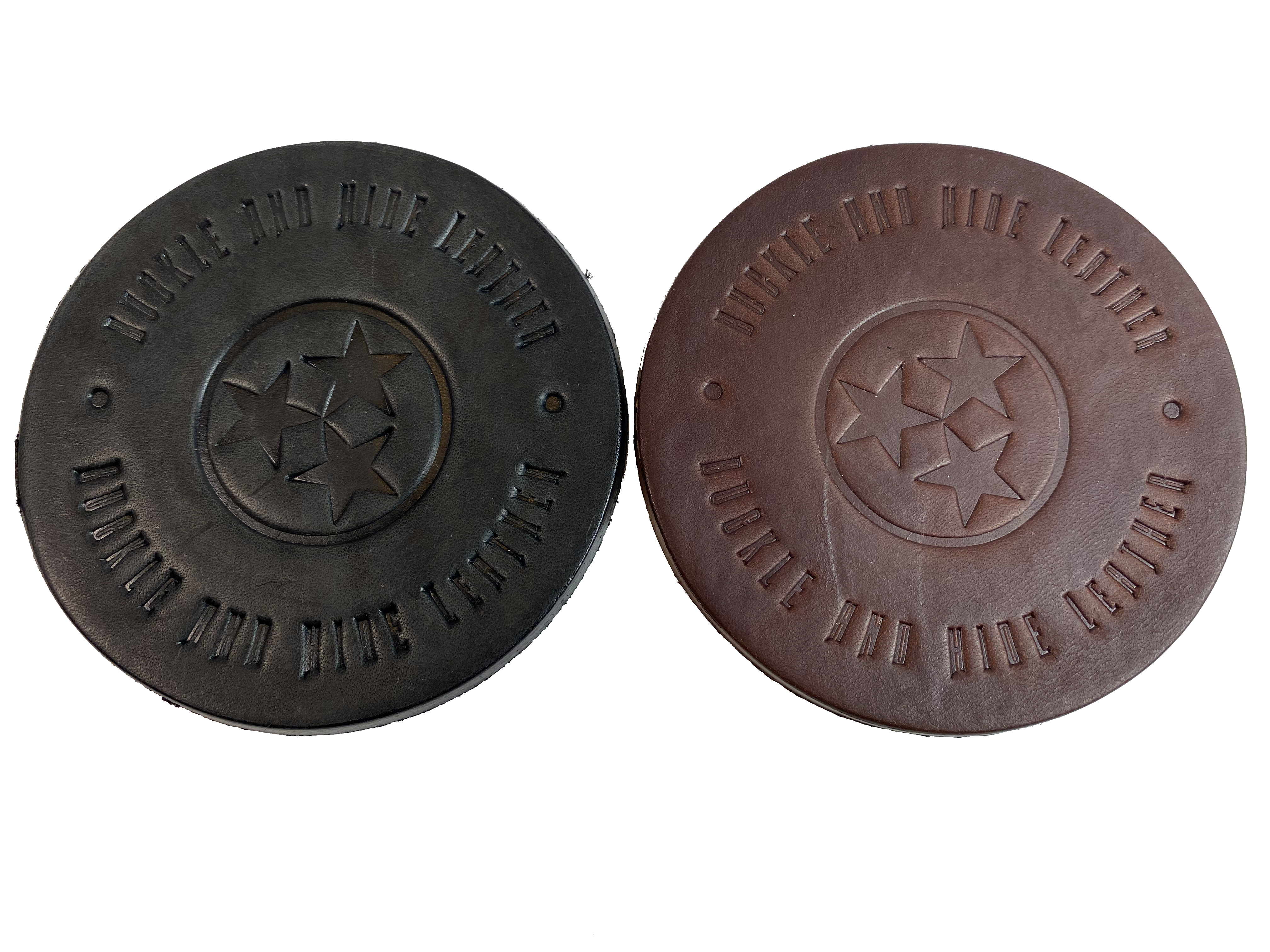 Made in our shop from Approx. 1/8" thick bridle Leather. A salute to all Volunteers who shop at our shop and everyone who loves Tennessee! Embossed with Buckle and Hide graphics and a Tennessee Tristar. Choose Black or Med. Brown. Purchase individually or in a custom tin. BUY MORE and SAVE! 