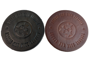 Made in our shop from Approx. 1/8" thick bridle Leather. A salute to all Volunteers who shop at our shop and everyone who loves Tennessee! Embossed with Buckle and Hide graphics and a Tennessee Tristar. Choose Black or Med. Brown. Purchase individually or in a custom tin. BUY MORE and SAVE! 