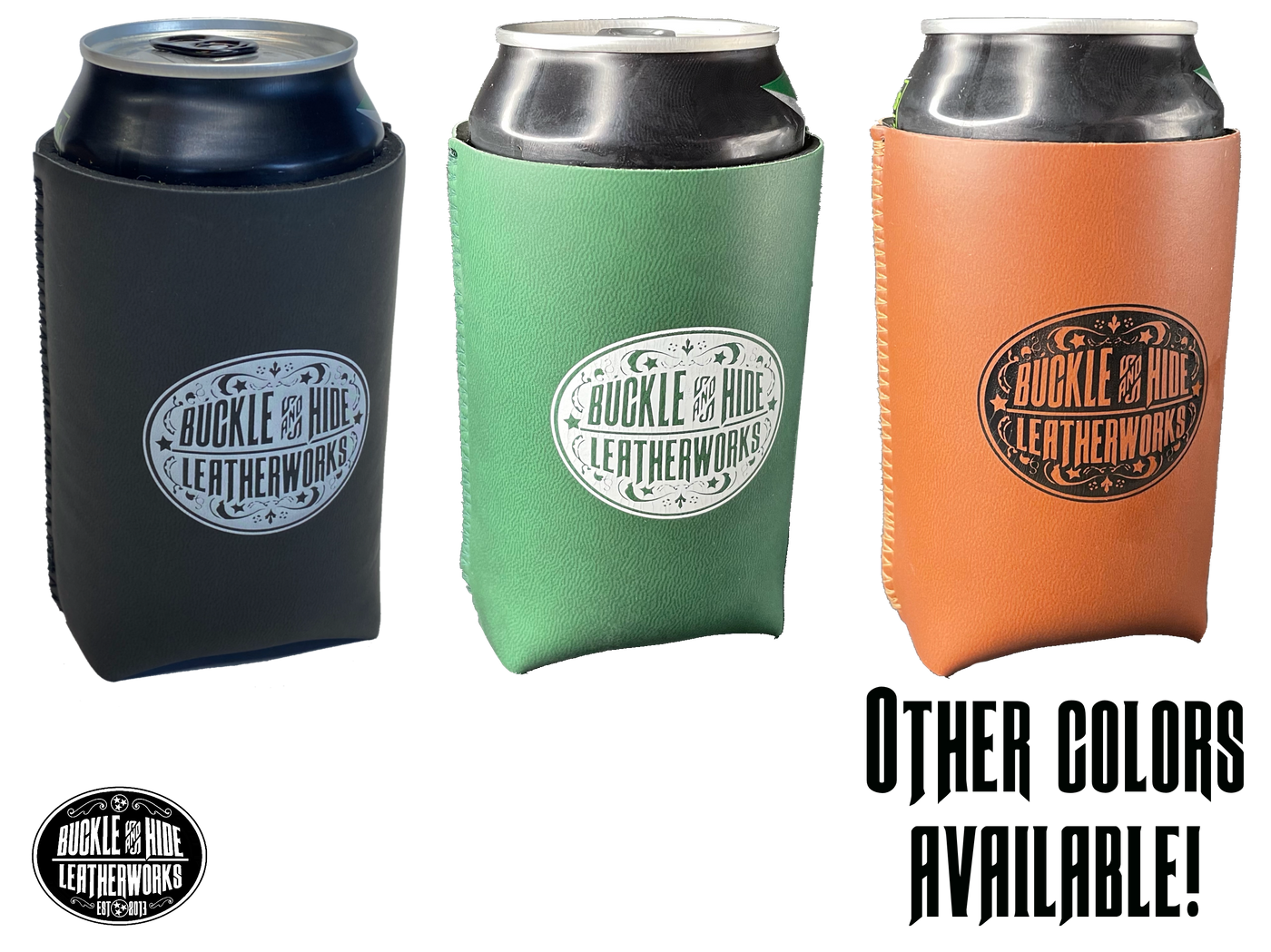 Great for soda, and your favorite canned beverages, our Buckle and Hide leather like neoprene koozies will keep your hands warm and dry while your drinks maintain a cold temperature. Made with the well-known wetsuit material, these can coolers feature 3mm walls, fit up to 12 oz. cans, sewn together for a secure hold, completely foldable and collapsible,  A favorite among our customers! Choose from Black, Green, or Tan. 