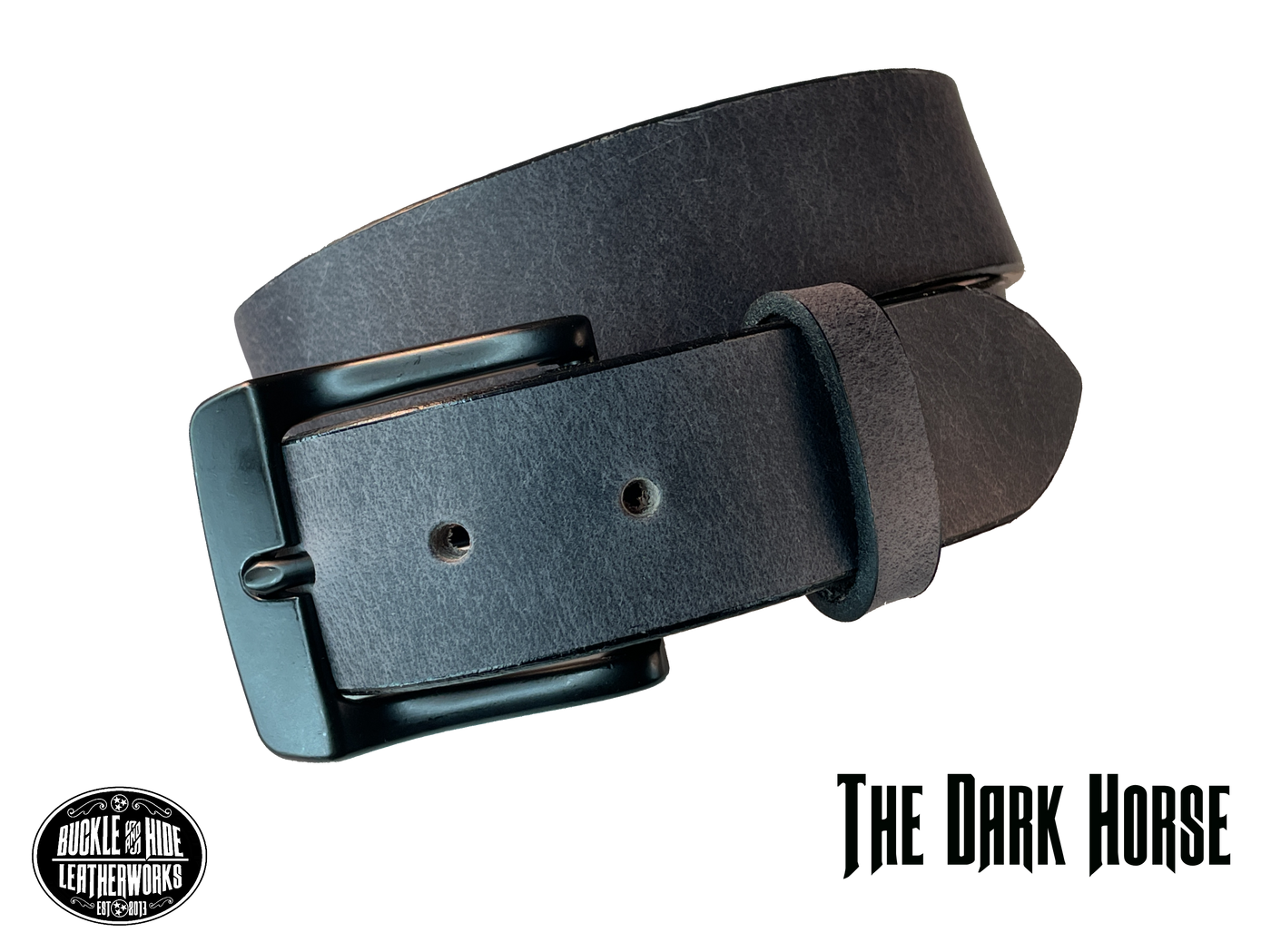 This gray leather belt is made from Crazy Horse tanned leather for that distressed and pull-up look. Choose with or without black stitching along the edges.  Has smooth black painted edges. It has a black Zinc buckle that is snapped in place. Belt is 1 1/2" wide and available in lengths from 34" to 44".  It is handmade in our shop in Smyrna, TN, just outside of Nashville.