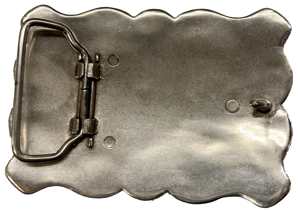 Southwestern style belt buckle with Southwestern tooling, scalloped design around edges, and simulated turquoise stones, approx. size 3 1/2" wide by 2 1/2" tall.  Color is antique silver, buckle is made of zinc. Fits belts 1 1/2" wide. Available online and in our shop just outside Nashville in Smyrna, TN. Back of buckle is pictured.