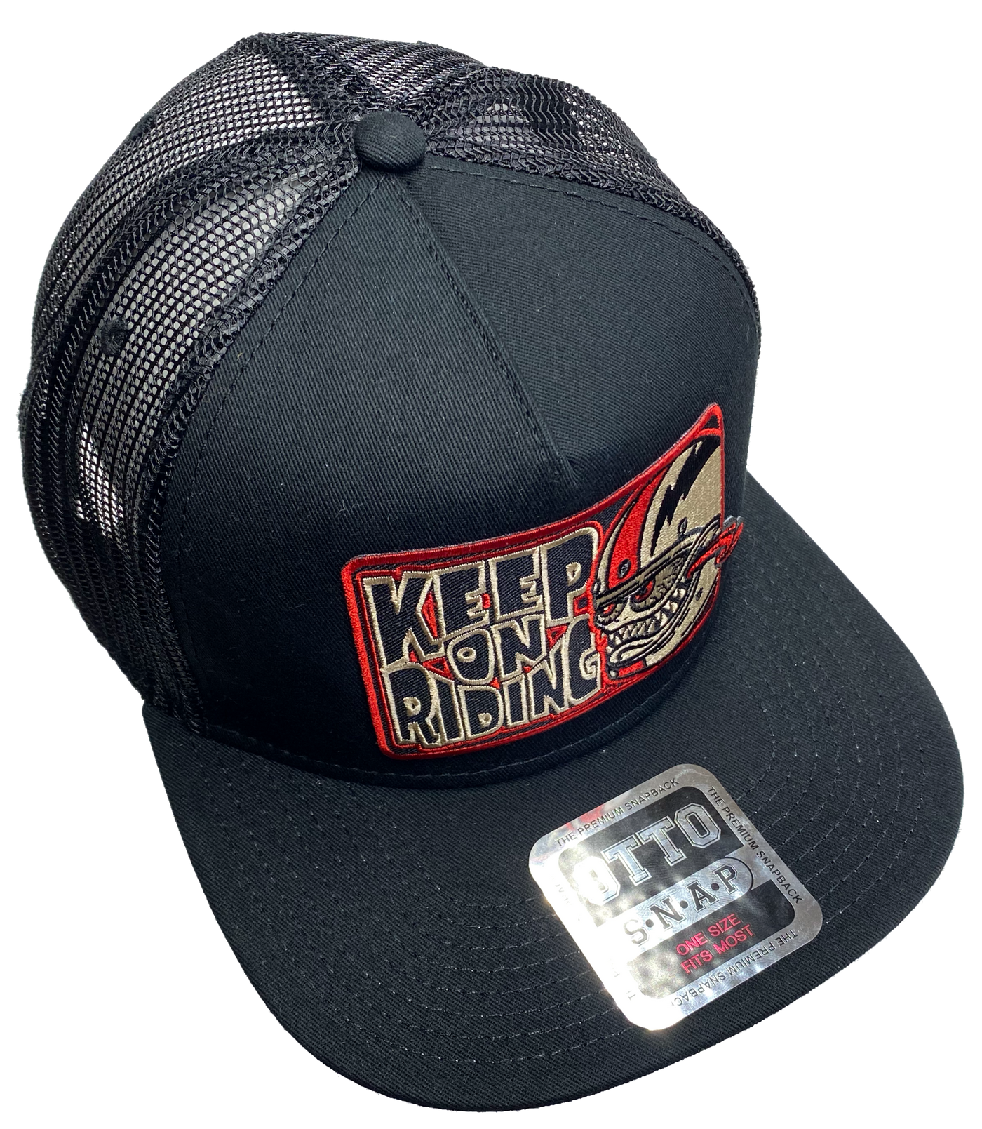 Flat Bill Cap with mesh back. Front has a red embroidered patch that says "Keep on Riding" and has a "Bobber Monster" graphic. Structured top to keep its shape. Sold at our shop just outside Nashville in Smyrna, TN.