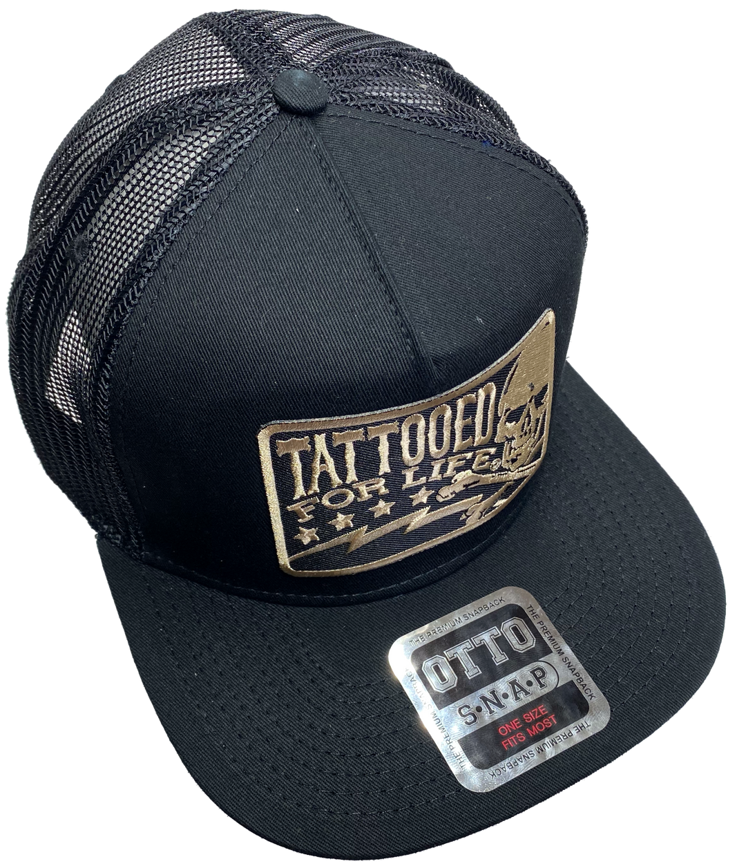 Flat Bill Cap with mesh back. Front has a Gold embroidered patch that says "Tattooed for Life" and has a skull graphic. Structured top to keep its shape. Sold at our shop just outside Nashville in Smyrna, TN.