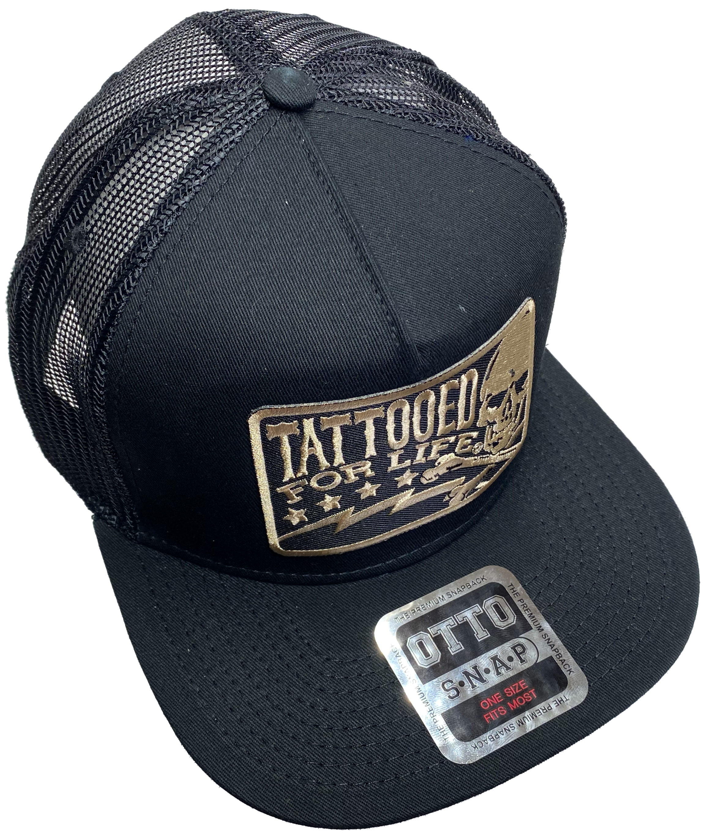 Flat Bill Cap with mesh back. Front has a Gold embroidered patch that says "Tattooed for Life" and has a skull graphic. Structured top to keep its shape. Sold at our shop just outside Nashville in Smyrna, TN.