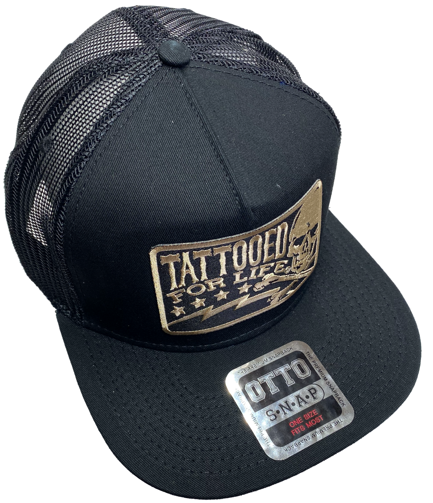 Flat Bill Cap with mesh back. Front has a Gold embroidered patch that says "Tattooed for Life" and has a skull graphic. Structured top to keep its shape. Sold at our shop just outside Nashville in Smyrna, TN.