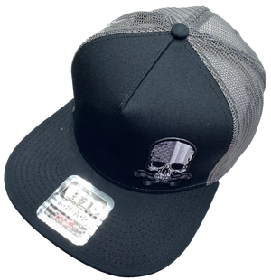 Black Flat Bill Cap with Gray mesh back. Front has a Silver embroidered patch of a skull graphic filled with the American Flag. Structured top to keep its shape. Sold at our shop just outside Nashville in Smyrna, TN.