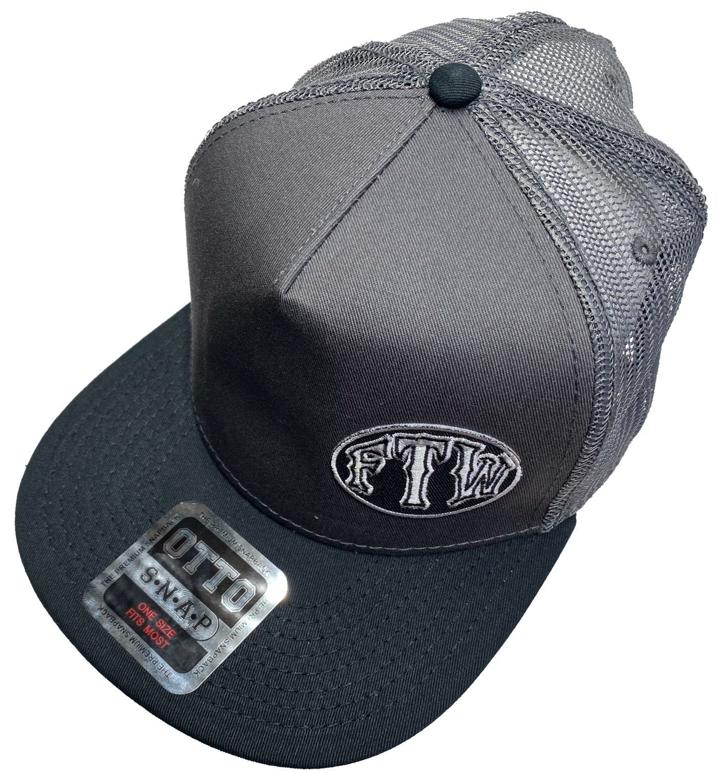 Gray Flat Bill Cap with Gray mesh back. Front has a Silver embroidered patch that says FTW. FTW design also under the bill. Structured top to keep its shape. Sold at our shop just outside Nashville in Smyrna, TN.