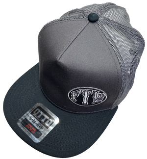 Gray Flat Bill Cap with Gray mesh back. Front has a Silver embroidered patch that says FTW. FTW design also under the bill. Structured top to keep its shape. Sold at our shop just outside Nashville in Smyrna, TN.