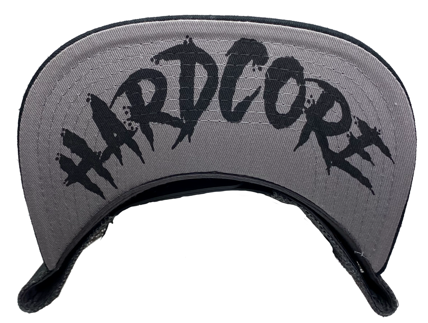 Black Flat Bill Cap with Gray mesh back. Front has a Silver embroidered Brass Knuckles patch. "HARDCORE" design also under the bill. Structured top to keep its shape. Sold at our shop just outside Nashville in Smyrna, TN.