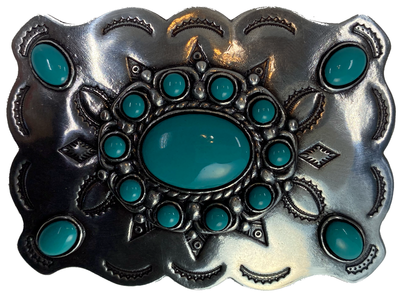 Southwestern style belt buckle with Southwestern tooling, scalloped design around edges, and simulated turquoise stones, approx. size 3 1/2" wide by 2 1/2" tall.  Color is antique silver, buckle is made of zinc. Fits belts 1 1/2" wide. Available online and in our shop just outside Nashville in Smyrna, TN.