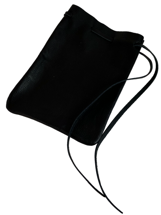 Leather pouch with drawstring. Available in Black and Assorted Brown. Fill it with anything you like, a camera, your rock collection, tools etc. This large leather pouch can be used to hold a small canteen or flask. Made in USA.