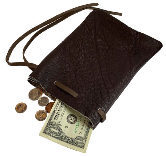 Leather pouch with drawstring. Available in Black and Assorted Brown. Fill it with anything you like, a camera, your rock collection, tools etc. This large leather pouch can be used to hold a small canteen or flask. Made in USA.