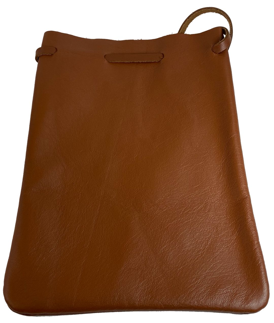 Leather pouch with drawstring. Available in Black and Assorted Brown. Fill it with anything you like, a camera, your rock collection, tools etc. This large leather pouch can be used to hold a small canteen or flask. Made in USA.
