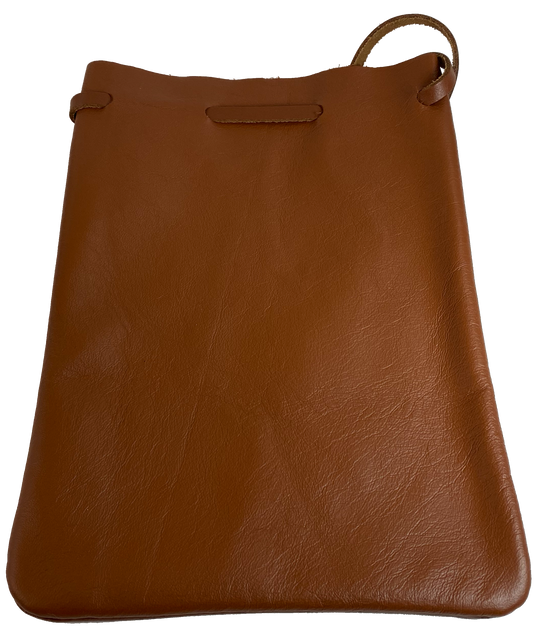 Leather pouch with drawstring. Available in Black and Assorted Brown. Fill it with anything you like, a camera, your rock collection, tools etc. This large leather pouch can be used to hold a small canteen or flask. Made in USA.