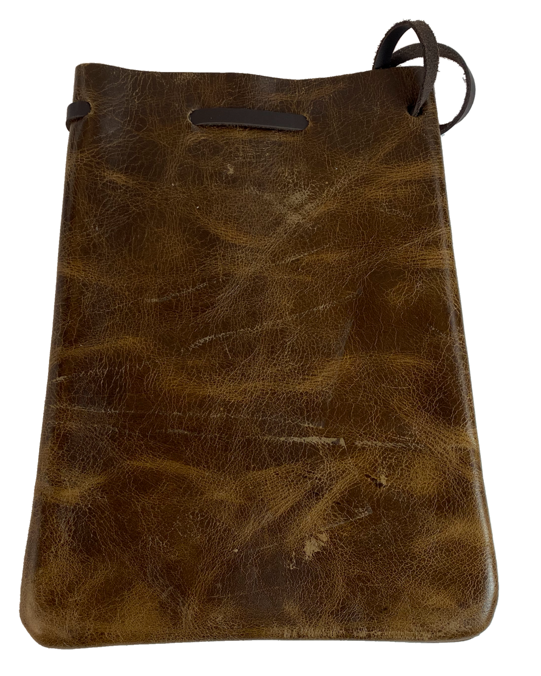 Leather pouch with drawstring. Available in Black and Assorted Brown. Fill it with anything you like, a camera, your rock collection, tools etc. This large leather pouch can be used to hold a small canteen or flask. Made in USA.