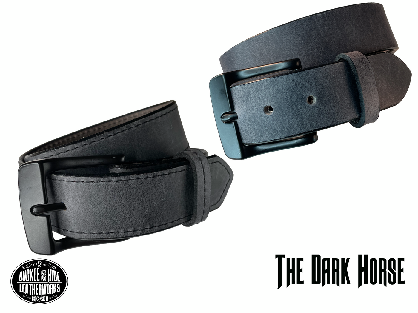 This gray leather belt is made from Crazy Horse tanned leather for that distressed and pull-up look. Choose with or without black stitching along the edges.  Has smooth black painted edges. It has a black Zinc buckle that is snapped in place. Belt is 1 1/2" wide and available in lengths from 34" to 44".  It is handmade in our shop in Smyrna, TN, just outside of Nashville.