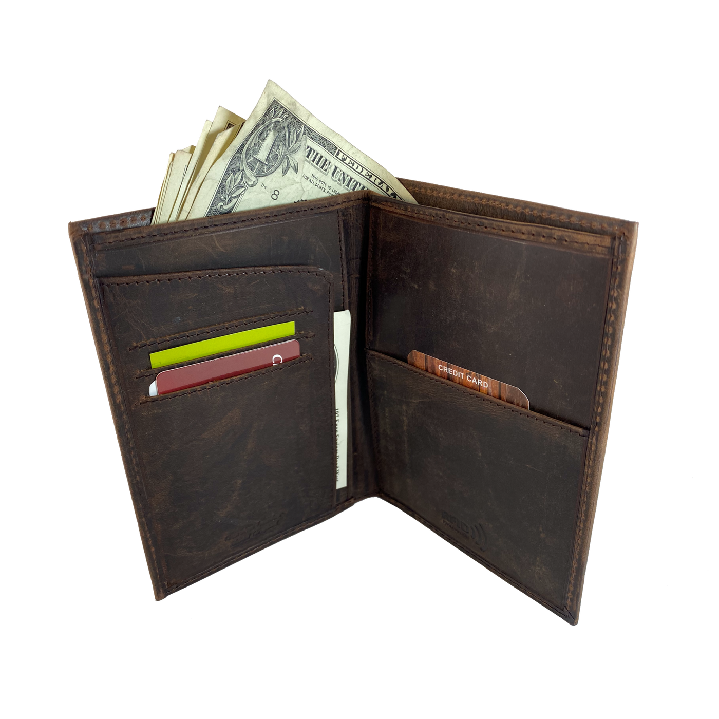 Leather Bi-Fold Passport/Wallet with three card slots, two inside pockets, passport slot and a cash pocket. A convenient way to keep everything you need in one place! Imported and Buckle and Hide Approved! Great for men or women!