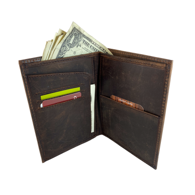 Leather Bi-Fold Passport/Wallet with three card slots, two inside pockets, passport slot and a cash pocket. A convenient way to keep everything you need in one place! Imported and Buckle and Hide Approved! Great for men or women!