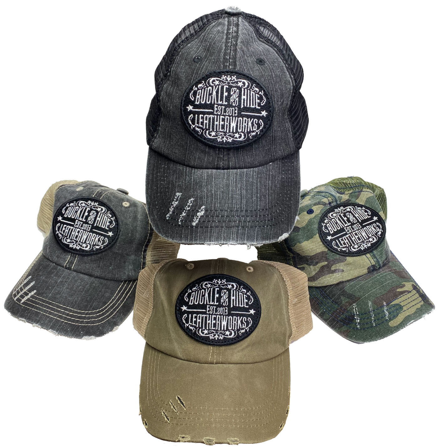Official Buckle and Hide merchandise for your favorite leather shop just outside Nashville in Smyrna, TN Classic style cap with Buckle and Hide patch sewn on the front Mesh back Snap Back Soft unstructured top Distressed look, available in several colors