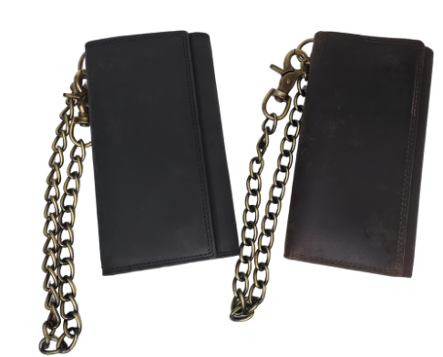 Popular Long Style RFID Secure Tri-fold Chain Wallet. 3 underneath cash slots, 15 card slots, I.D. slot, zippered pocket for all your important stash. Will darken with a nice patina with use. It&