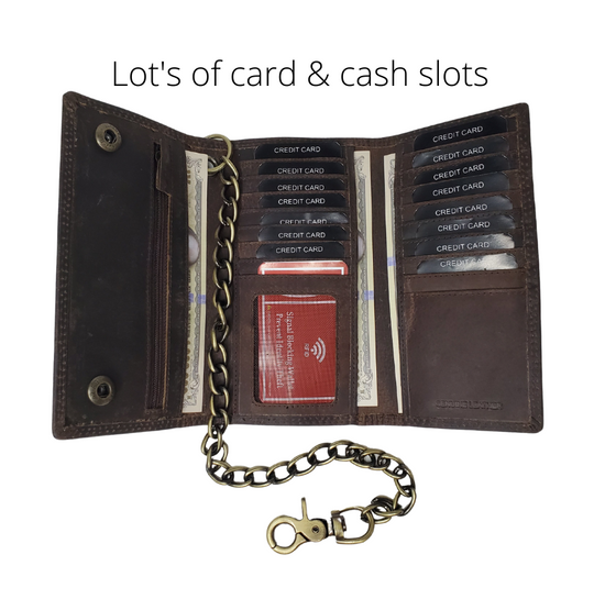Popular Long Style RFID Secure Tri-fold Chain Wallet. 3 underneath cash slots, 15 card slots, I.D. slot, zippered pocket for all your important stash. Will darken with a nice patina with use. It&