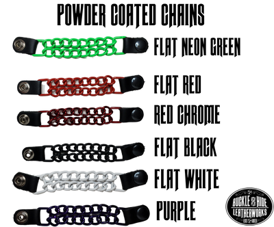 Vest Chains...a great accessory for your vest. Sure they look great but they offer some great options for your riding. In our experience most folks will use at least 2 but some will go with 4, it's your choice. We offer the basic chrome plated and the newer powder coated in colors. The average length is approx. 4" -4 1/2"long.