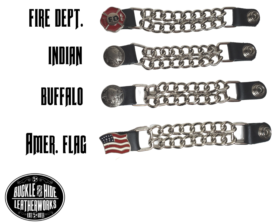 Vest Chains...a great accessory for your vest. Sure they look great but they offer some great options for your riding. In our experience most folks will use at least 2 but some will go with 4, it's your choice. We offer the basic chrome plated and the newer powder coated in colors. The average length is approx. 4" -4 1/2"long.