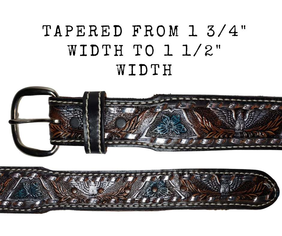 The Honky Tonk leather belt is a classic Vintage Throwback Style Western belt. Complete with silver Buck Stitching and a embossed eagle design in Black/Silver/Blue coloring. Available in a 1 1/2" width tapering up to 1 3/4" wide. Full grain vegetable tanned cowhide, Width 1 1/2" and includes Nickle plated buckle Smooth burnished painted edges. Made in USA! In stock at our Smyrna, TN shop.