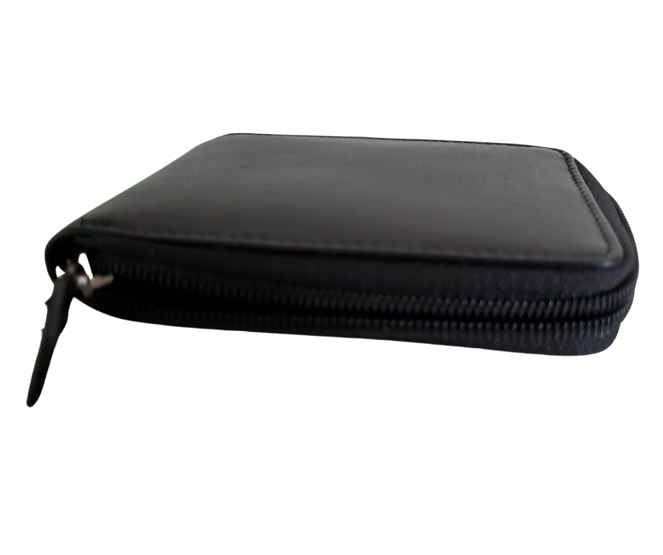 Hard to find ZIP AROUND Bi-fold in popular basic black with 9 card slots 2 underside pockets and I.D. flap PLUS divided cash pockets. Imported, Great Value, and Buckle and Hide approved!  