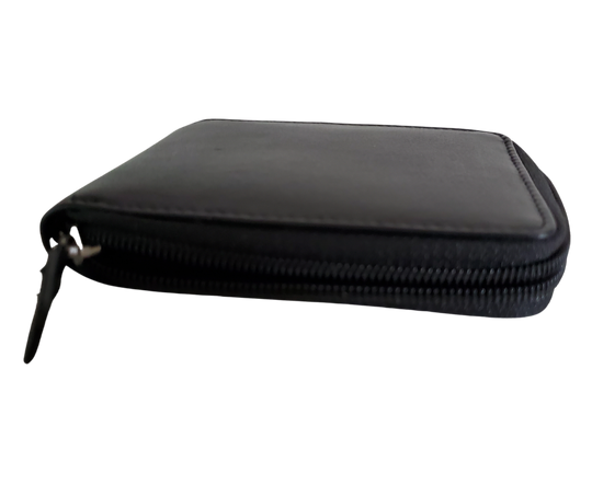 Hard to find ZIP AROUND Bi-fold in popular basic black with 9 card slots 2 underside pockets and I.D. flap PLUS divided cash pockets. Imported, Great Value, and Buckle and Hide approved!  