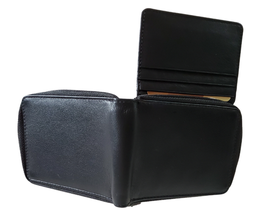 Hard to find ZIP AROUND Bi-fold in popular basic black with 9 card slots 2 underside pockets and I.D. flap PLUS divided cash pockets. Imported, Great Value, and Buckle and Hide approved!  