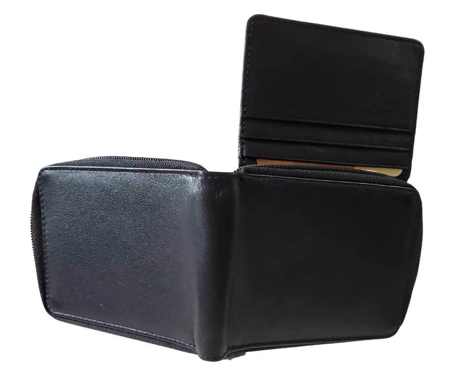 Hard to find ZIP AROUND Bi-fold in popular basic black with 9 card slots 2 underside pockets and I.D. flap PLUS divided cash pockets. Imported, Great Value, and Buckle and Hide approved!  