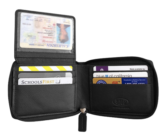 Hard to find ZIP AROUND Bi-fold in popular basic black with 9 card slots 2 underside pockets and I.D. flap PLUS divided cash pockets. Imported, Great Value, and Buckle and Hide approved!  