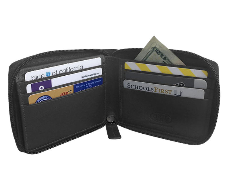 Hard to find ZIP AROUND Bi-fold in popular basic black with 9 card slots 2 underside pockets and I.D. flap PLUS divided cash pockets. Imported, Great Value, and Buckle and Hide approved!  